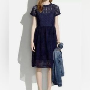 Madewell Size 8 Eyelet Midi Dress Navy Blue Lined Boho Open Knit Short Sleeve